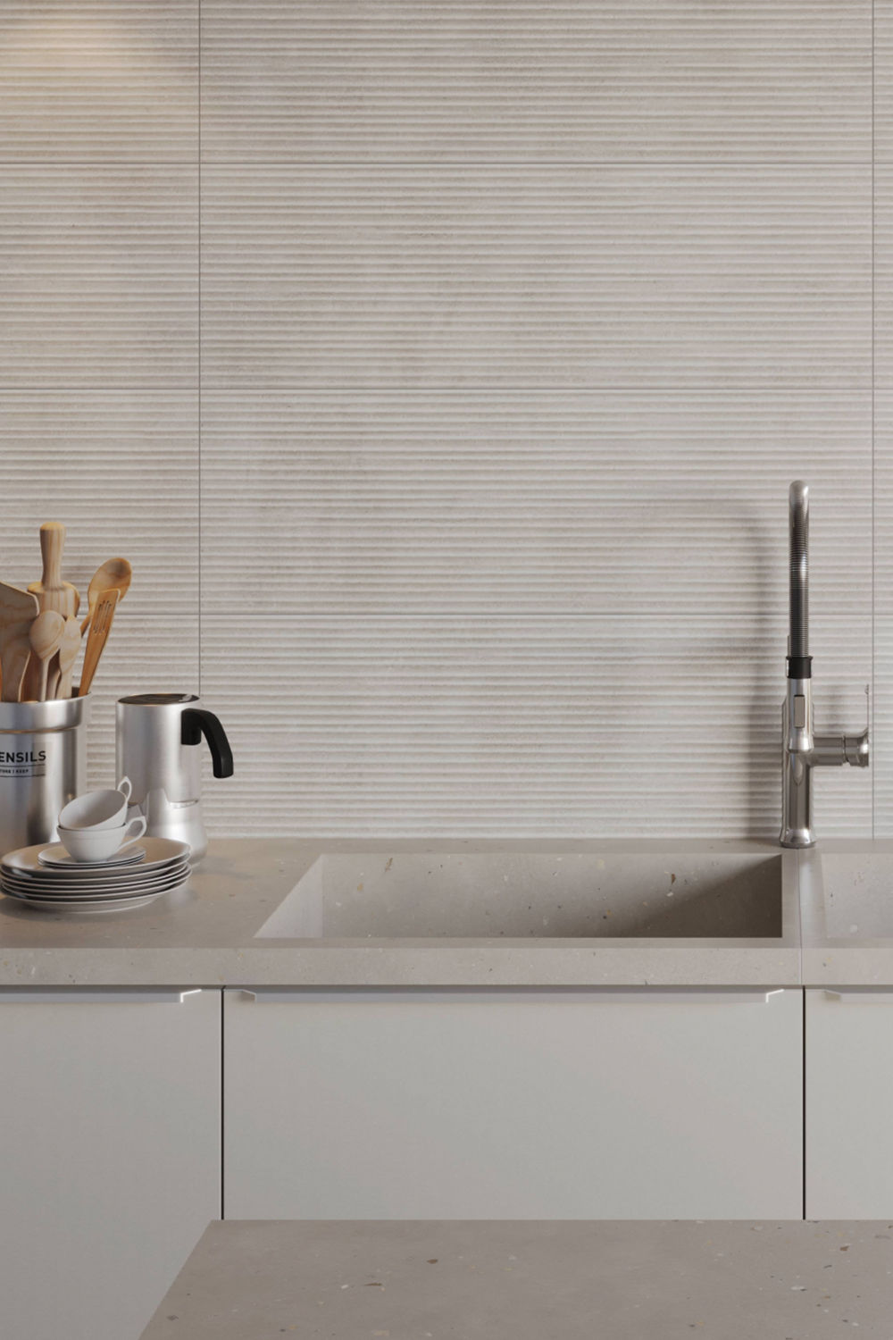 Backsplash de porcelanato 3D com textura horizontal em relevo em tons neutros