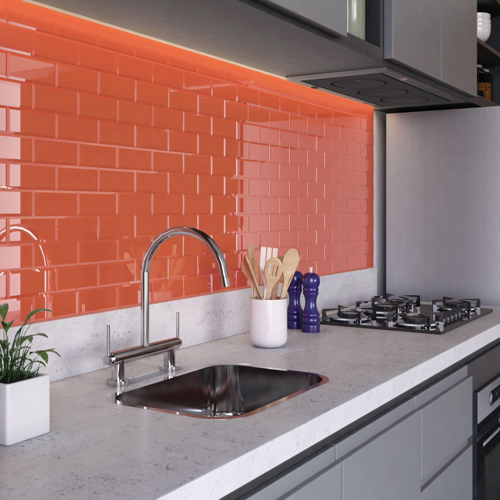 Backsplash de subway tile em cor coral alaranjada vibrante