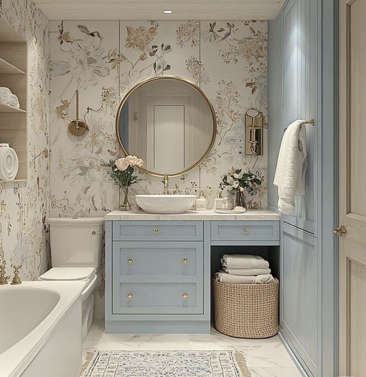 Banheiro com marcenaria provençal estilo shaker no azul claro