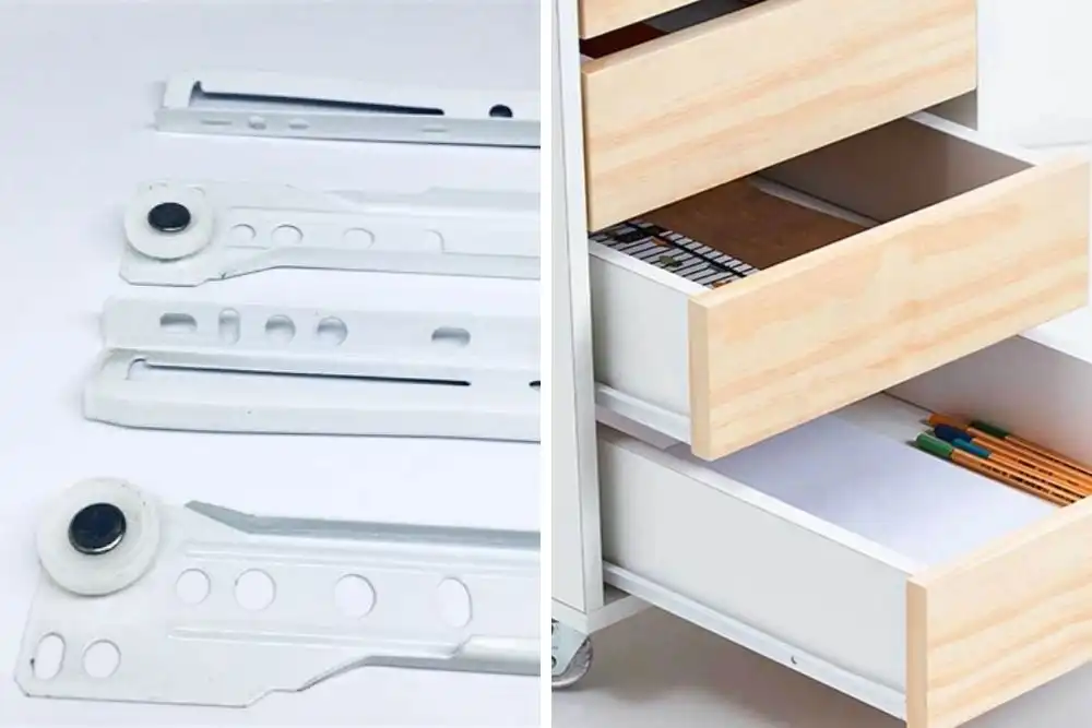 Corrediça simples mostrada em split, a esquerdo um close na corrediça e a direita instalada em uma gaveta aberta