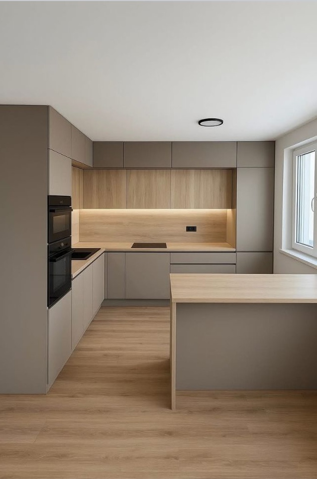 Cozinha ampla em L em tons de cinza chalk e madeira clara como itapuá ou tauari, tons neutros est...