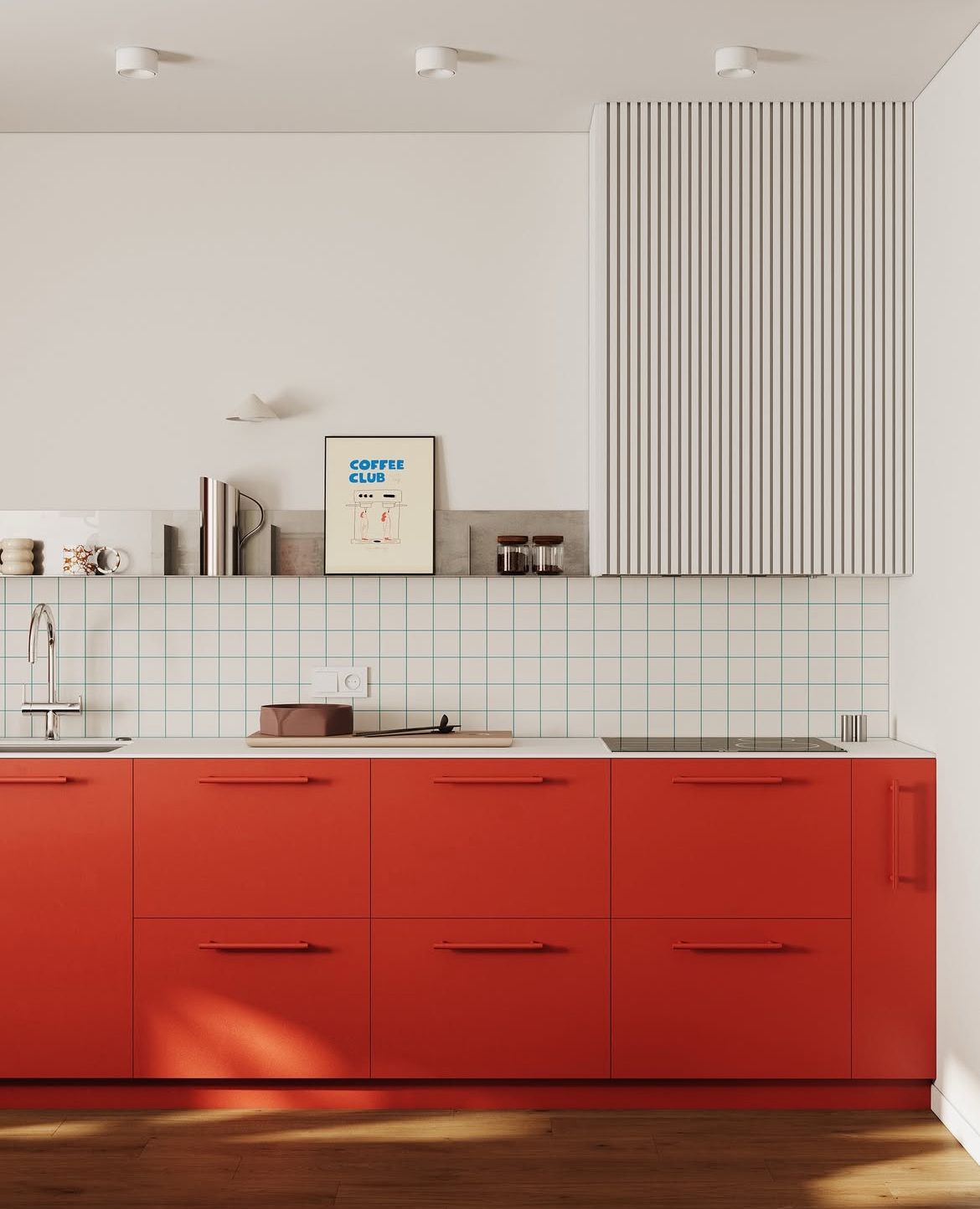 cozinha clara com piso madeirado sutil e gabinetes em vermelho