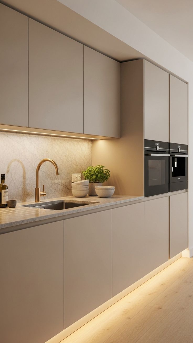 Cozinha com toda a marcenaria em greige e luzes de led dando enfase no backsplash e piso com text...