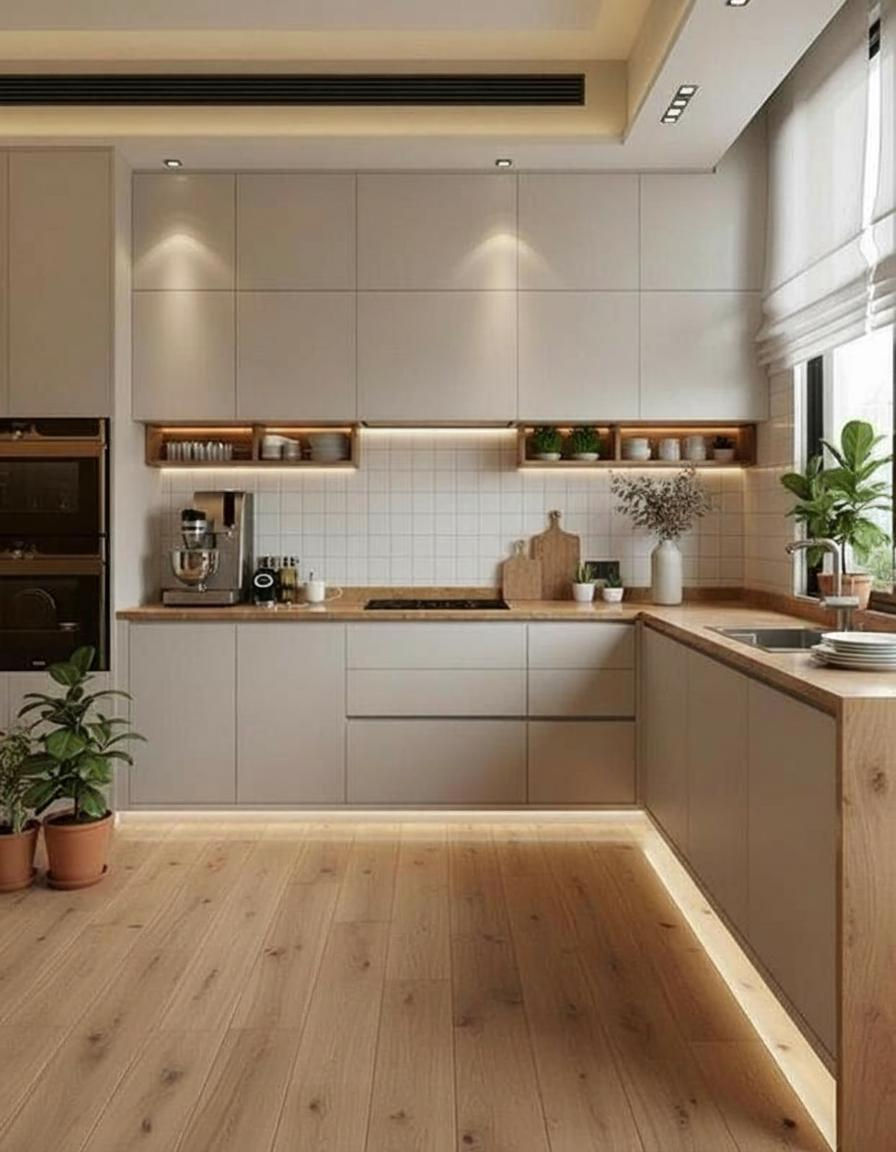 Cozinha em L com gabinetes em creme ou offwhite e madeiras claras como maple no piso e tampo em i...