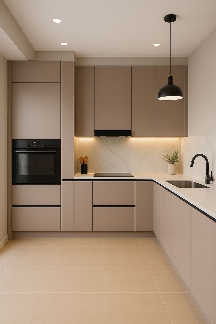 Cozinha em L com torre quente e cooktop, tons neutros greige bege e branco