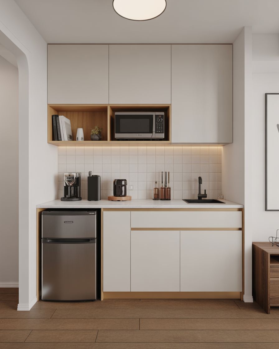 Cozinha minimalista estilo escandinavo pequena com bancada ampla devido ao frigobar