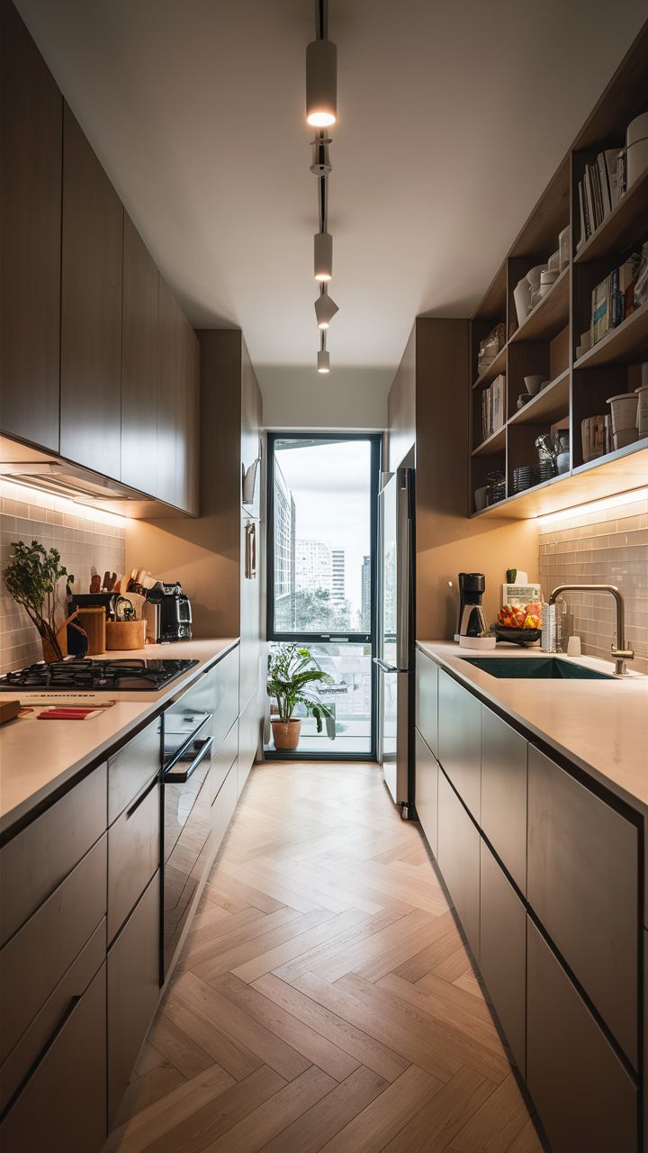 Cozinha paralela clássica sobria com gabinetes pretos e piso em madeira escura