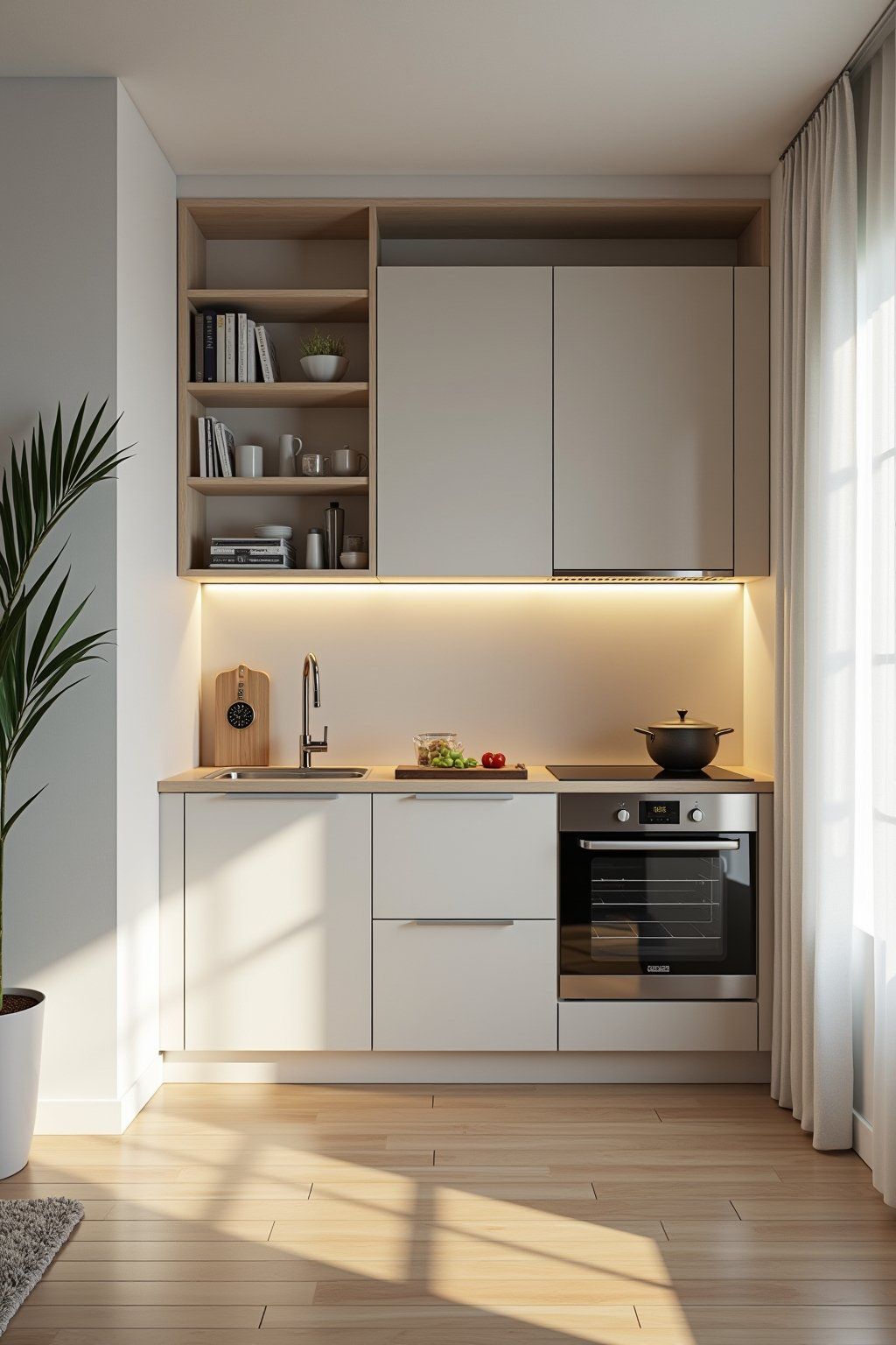 Cozinha pequena estilo minimalista completa com solução de fogão e forno em um lado e pia do outro