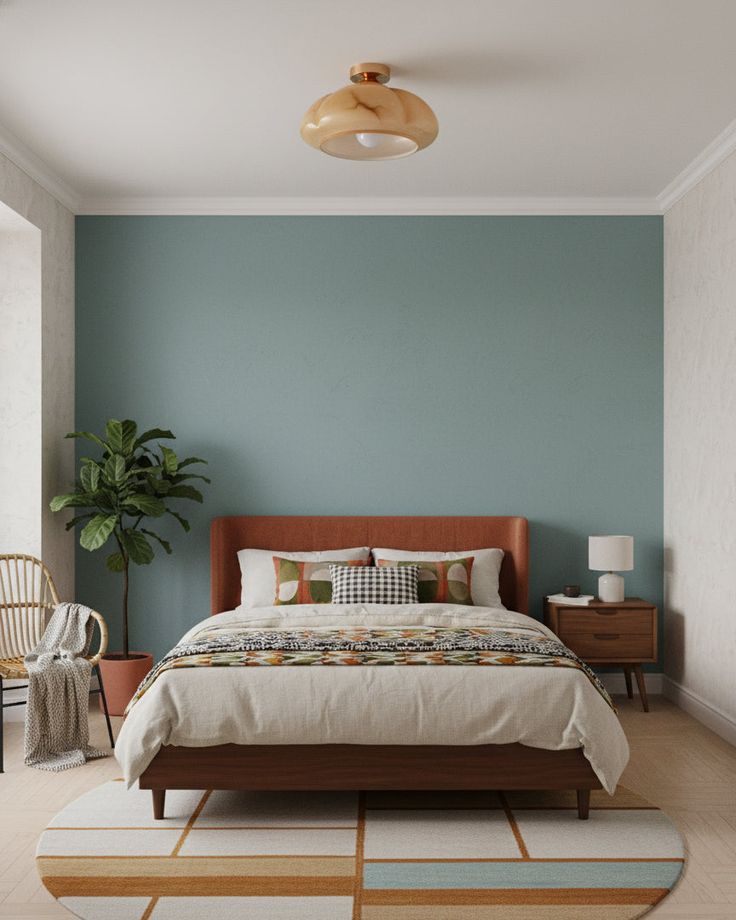 dormitorio com parede teal e moveis na madeira escura nogueira