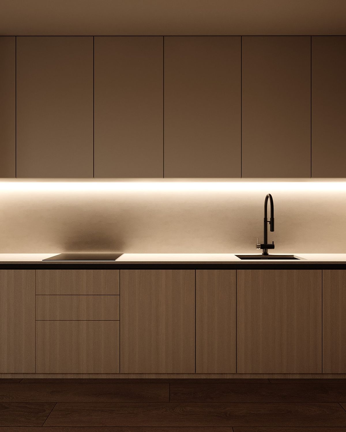 Led na bancada de cozinha iluminando toda a area de trabalho