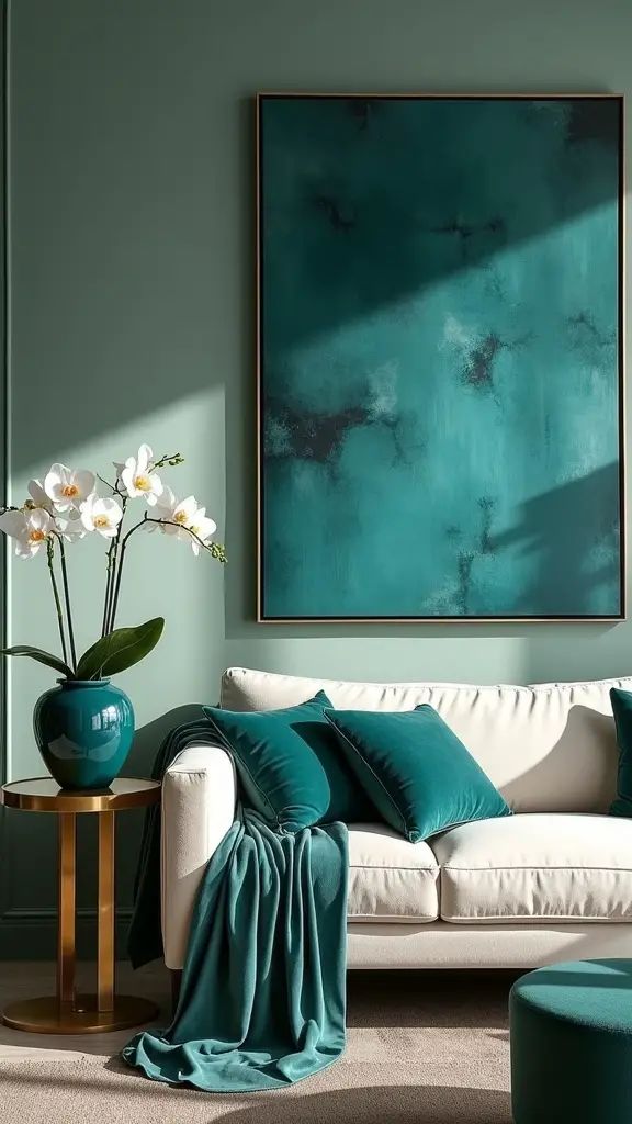 Living abusando do transformative teal na parede almofadas, colcha e quadro, em contraste com sof...