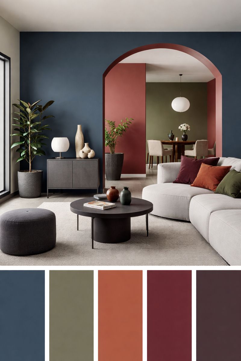 Living com cores vibrantes como Azul, moss, terracota, vinho e marrom escuro