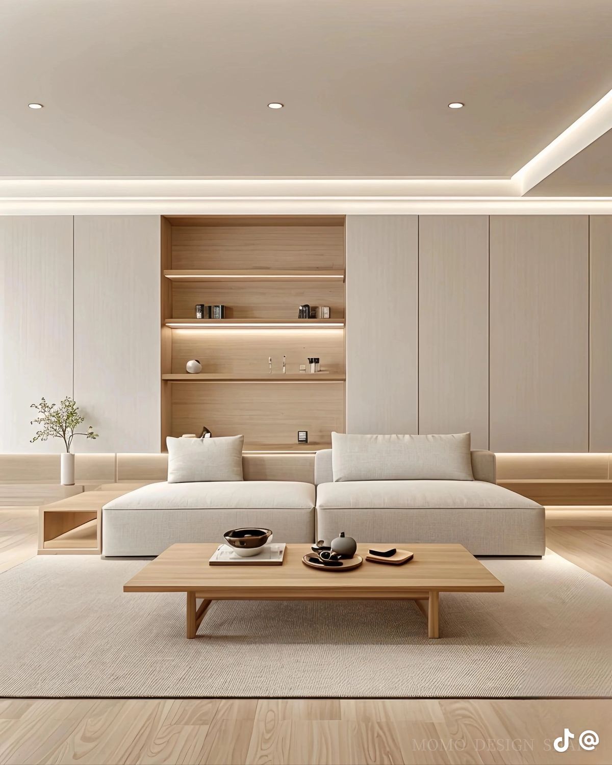 Living com marcenaria, tapete e sofa em cloud dancer e detalhes em marcenaria com madeira clara n...