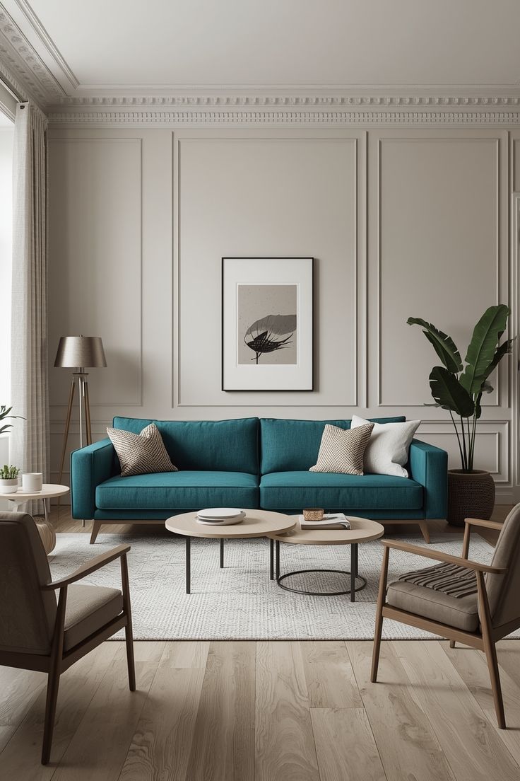 living com sofa em destaque na cor transformative teal com demais elementos em tons pasteis neutr...