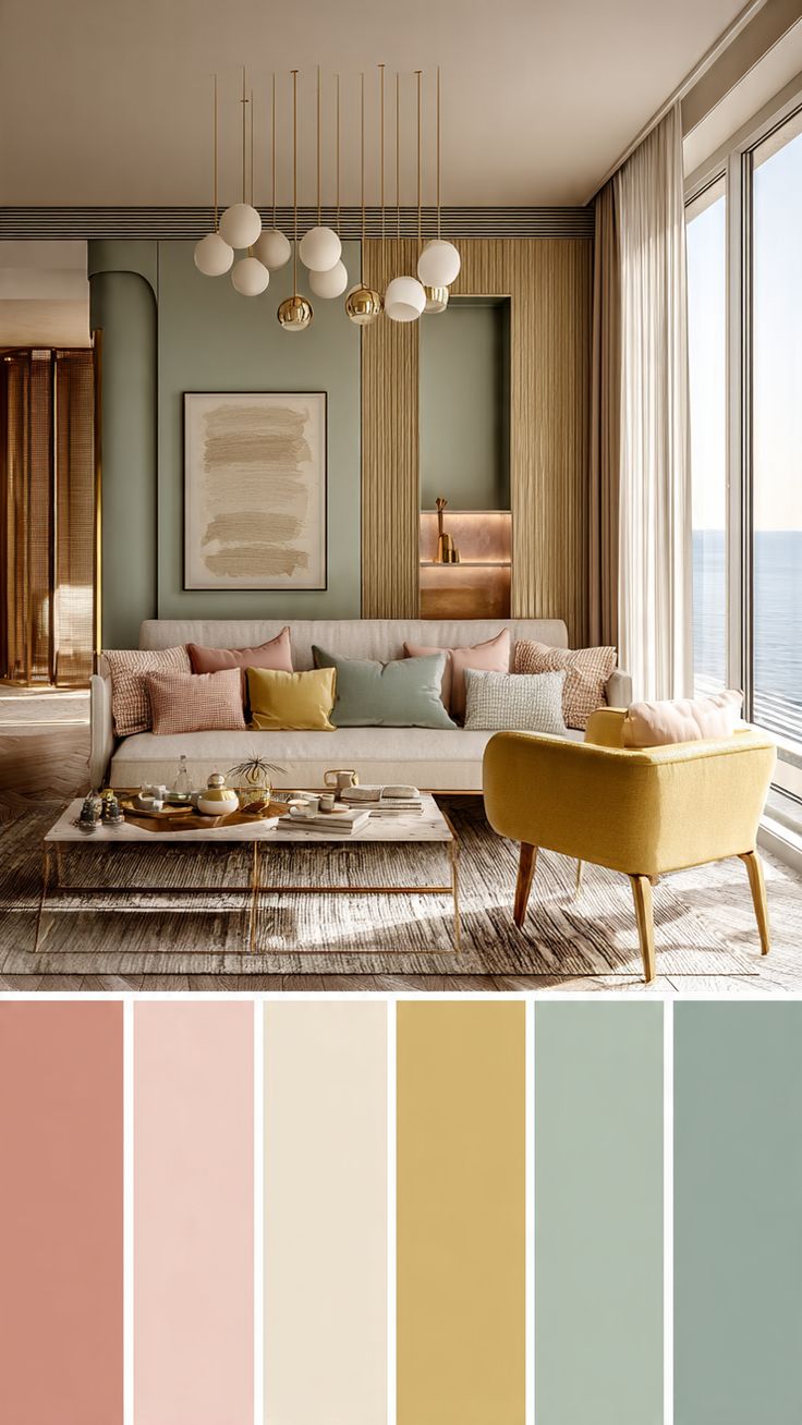 living com varias cores pastel quente, como o terracota, rosa, bege, mostarda, moss e alecrim