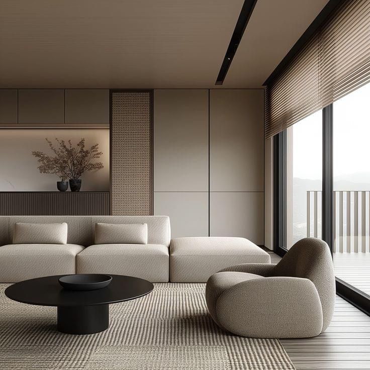 living em tons neutros com tapete, sofa e marcenaria em tons de bege e cinza claro com marcenaria...