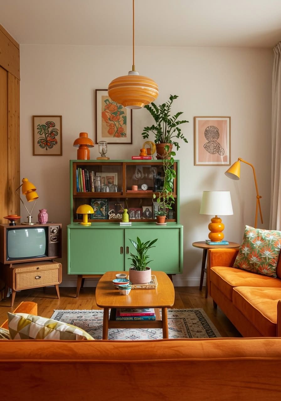 Living estilo retro maximalista com cores vibrantes e neon, muitos quadros e objetos de decoraça...