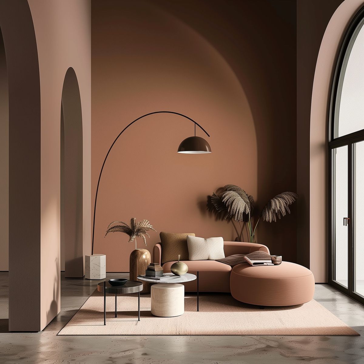 sala de estar cenografica com arcos e paredes inteiras pintadas em mocha mousse