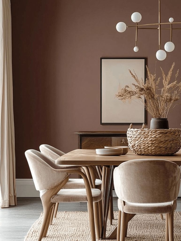 sala de jantar com parede mocha mousse e composicao com madeiras sutis