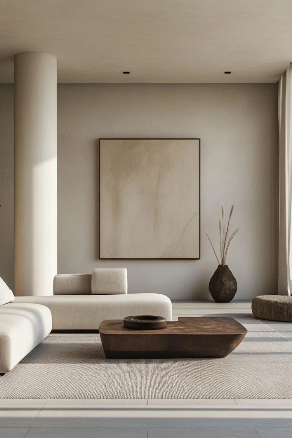 Sala minimalista com pe direito alto em cores neutras e poucos moveis, explorando o esopaço vazio